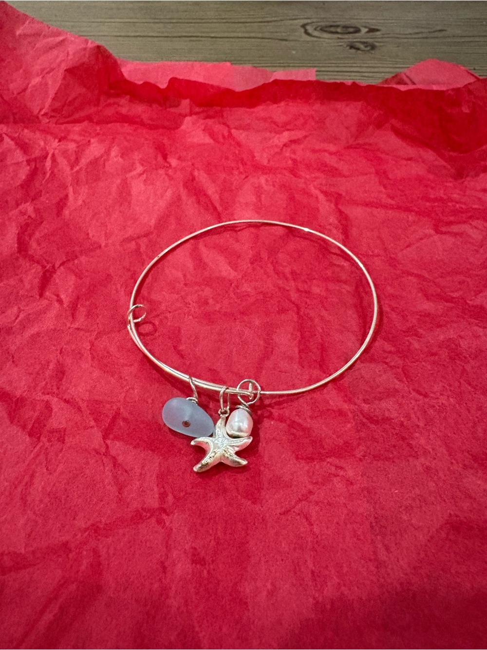 Delicate Silver Starfish Charm Bangle Bracelet in Light Blue